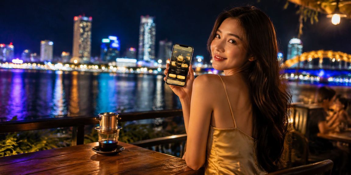 Người dùng tại Đà Nẵng đăng ký tài khoản và nhận thưởng qua điện thoại bên tách cà phê sáng