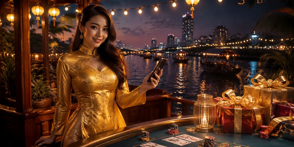 Cô gái mặc áo dài chơi baccarat trực tuyến bên dòng sông Mekong tại miền Tây